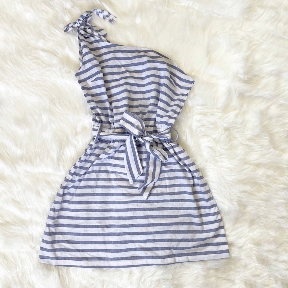 Casual Striped T Shirt Sleeveless One Shoulder Tie Waist Beach Mini Dress size S - Picture 2 of 6
